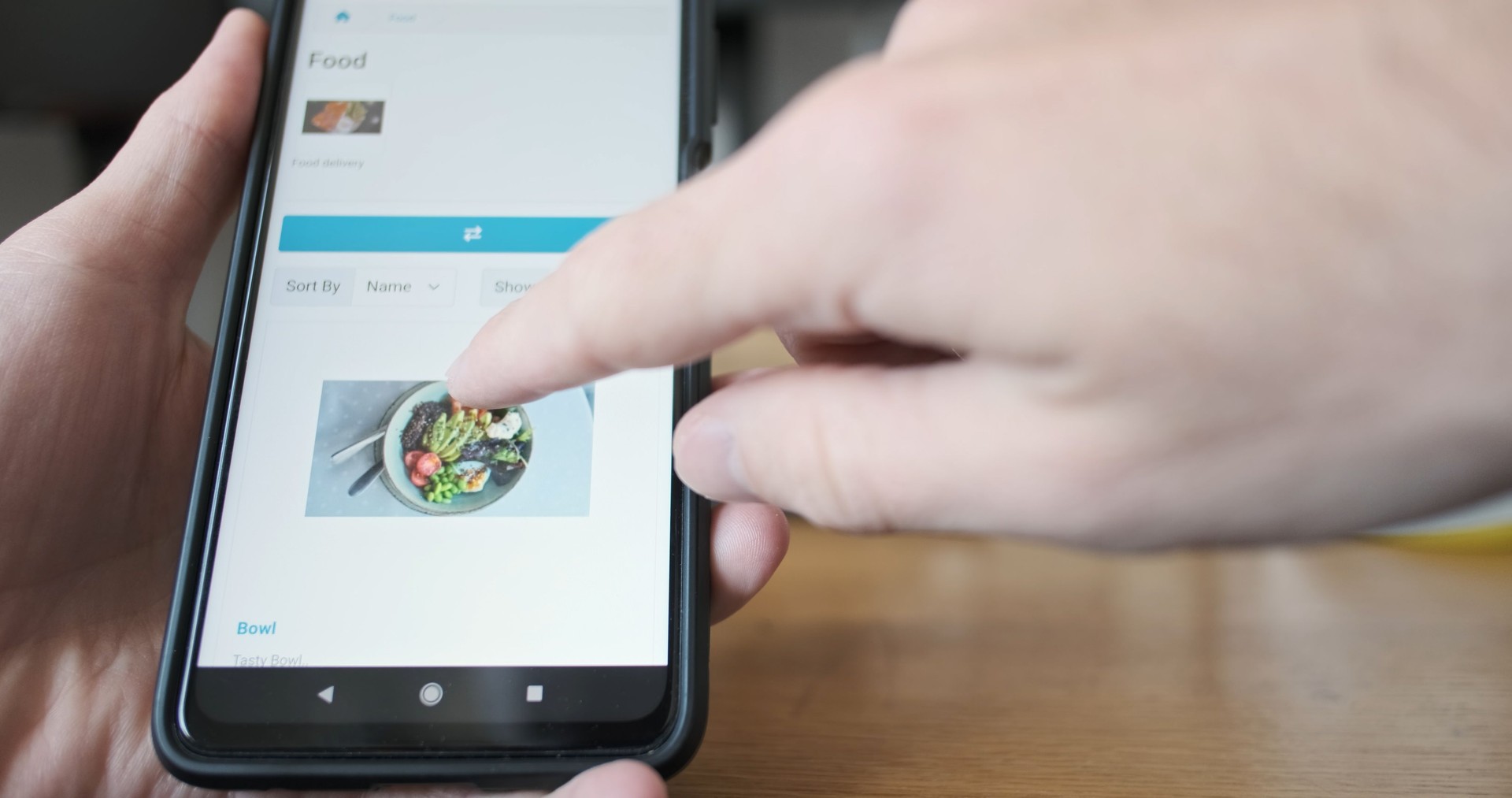 Pizza selection, looks at pizza in detail, zooms in with fingers, order online, smartphone screen. Add to cart button application